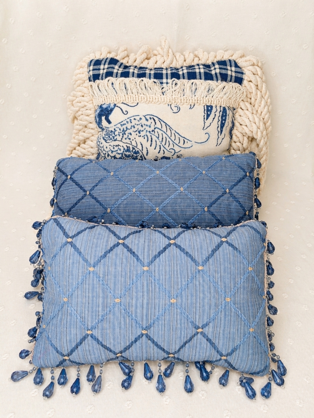 Set of 3 Blue Cream Decorative Throw Pillows with Beading And Fringe Shabby Chic